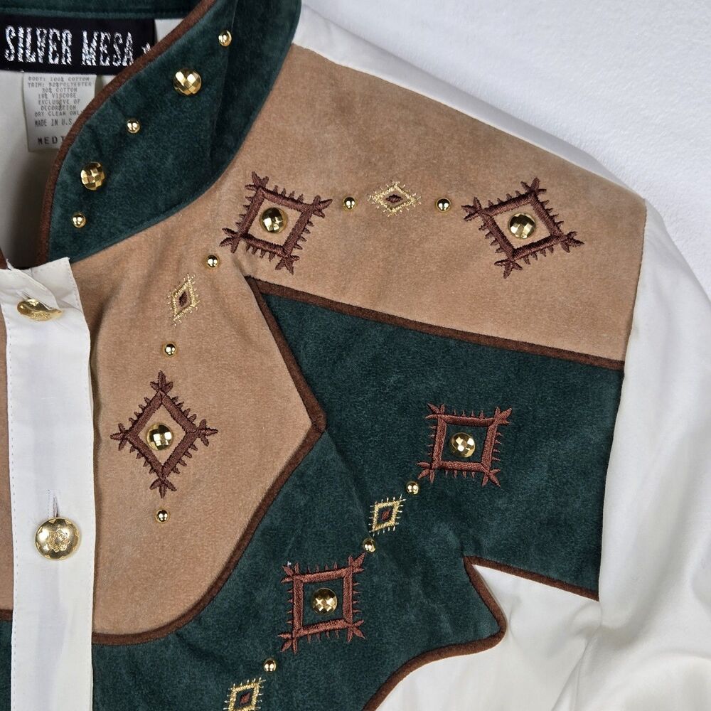 Vintage Silver Mesa Size Medium Embroidered Studded Button Up Western Shirt - Picture 3 of 9